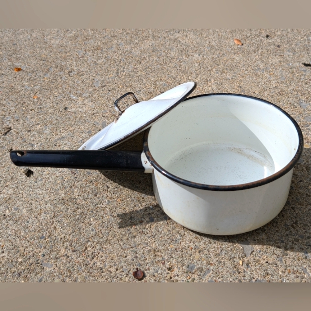 White enamel cooking pot sauce pan farmhouse decor